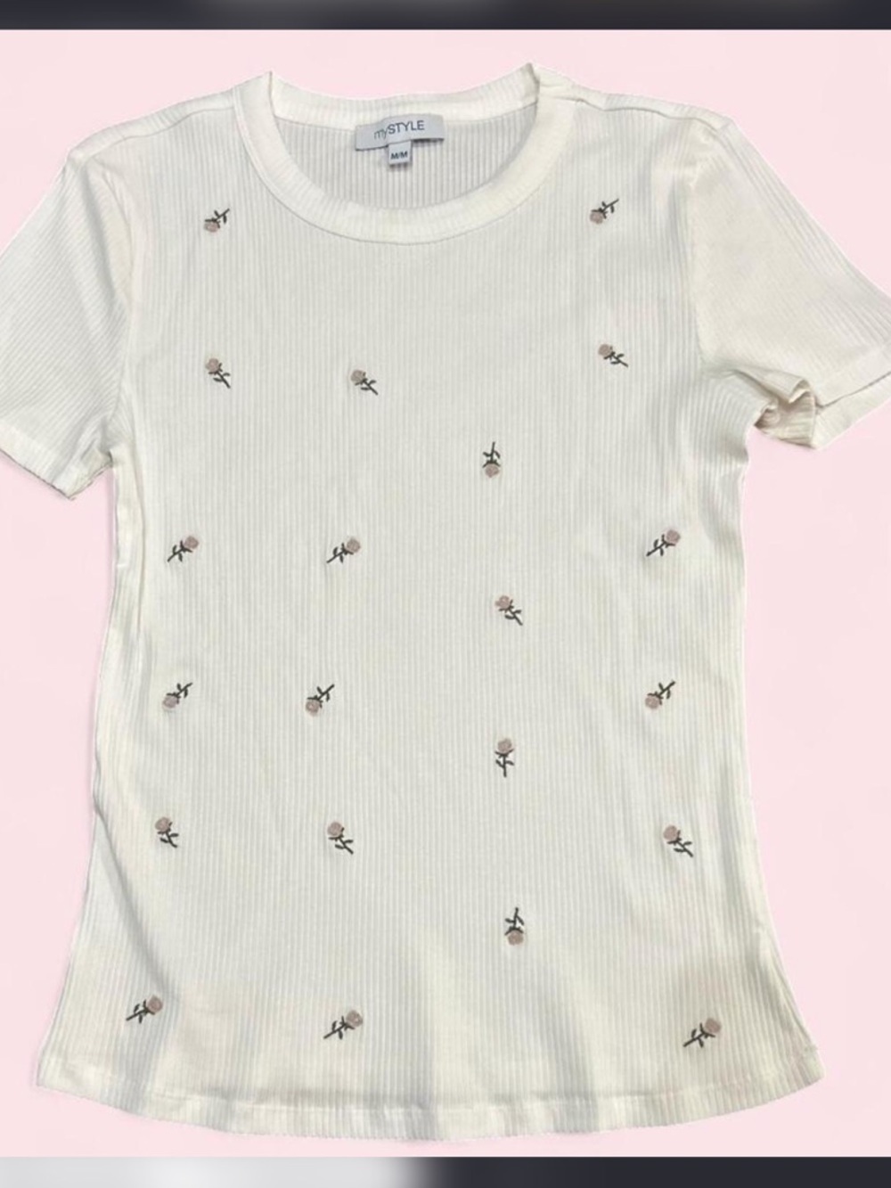 NWOT White Ribbed Tee with Rose Embroidery